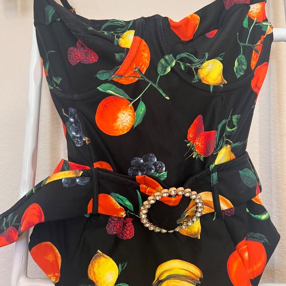 WeWoreWhat Black Fruit Print One Piece Swimsuit Medium Belt Rhinestone Buckle - Picture 7 of 7